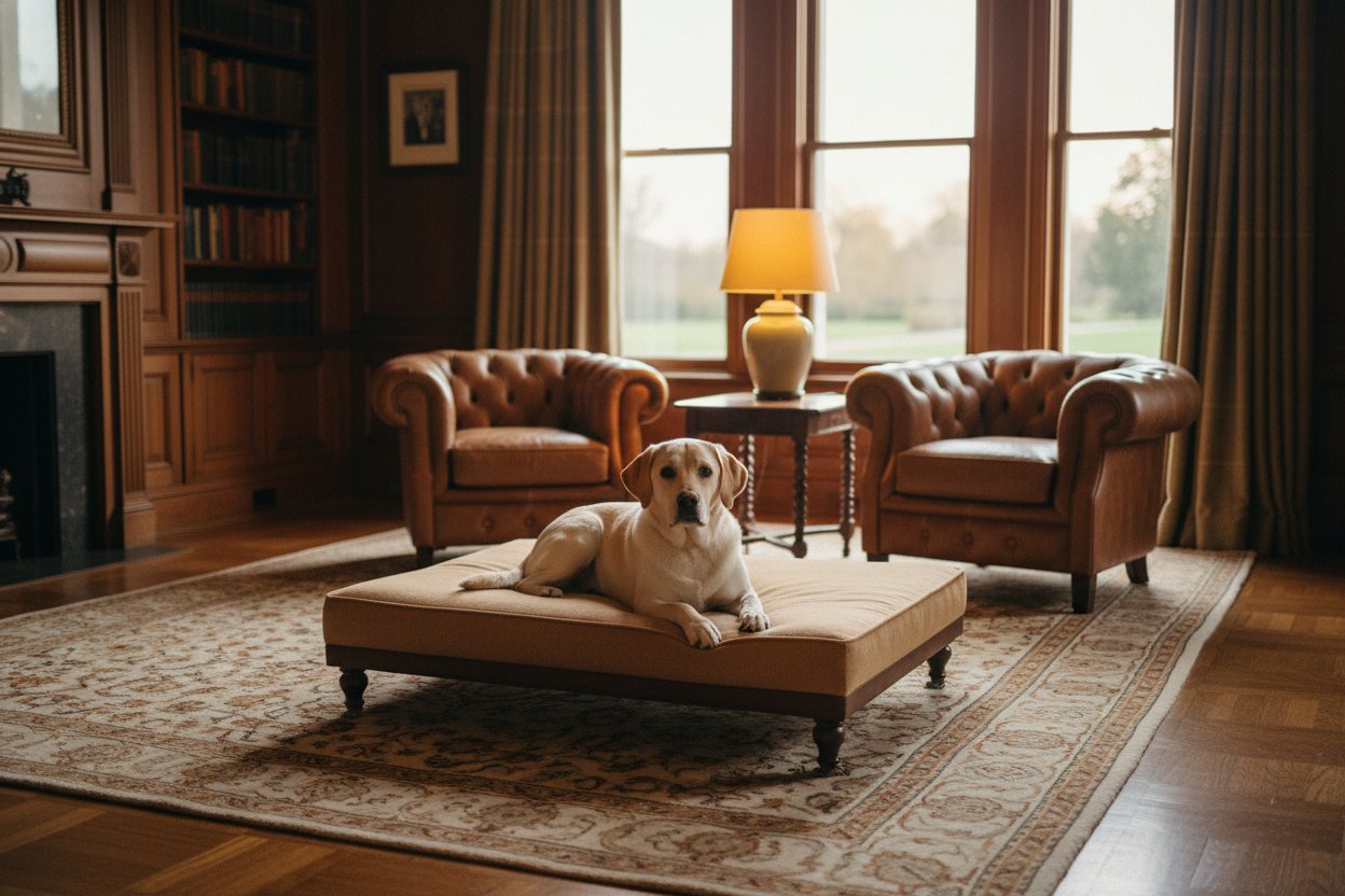 A calm, well-trained dog resting in a refined board-and-train facility.