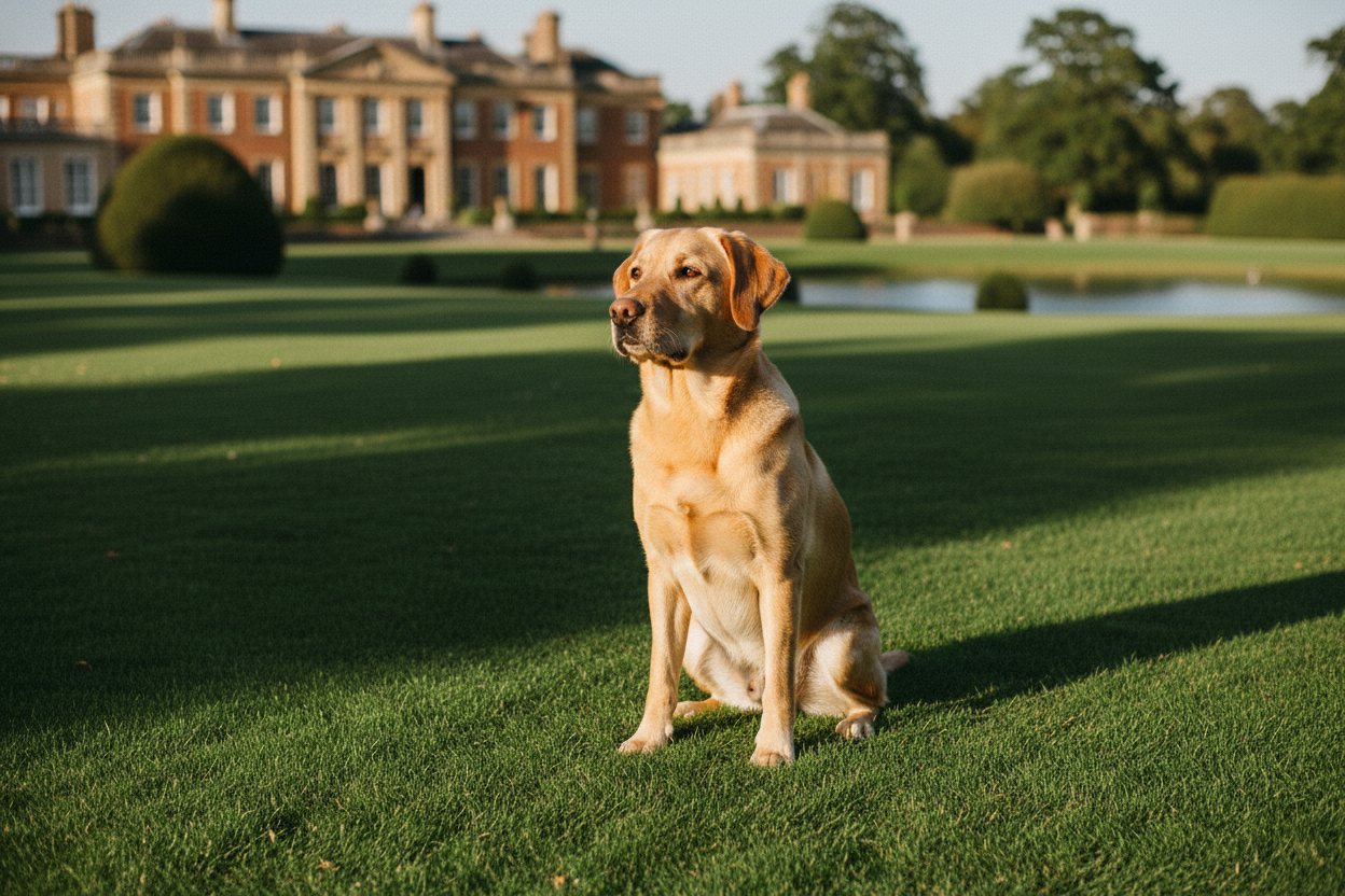 A Labrador holding a confident off-leash stay on open estate grounds at golden hour.