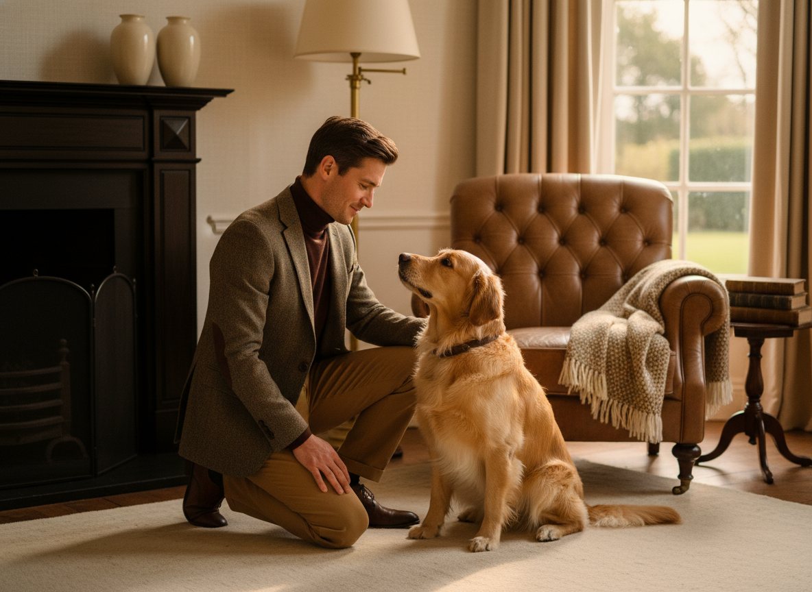 An owner training their dog at home with a trainer's guidance.