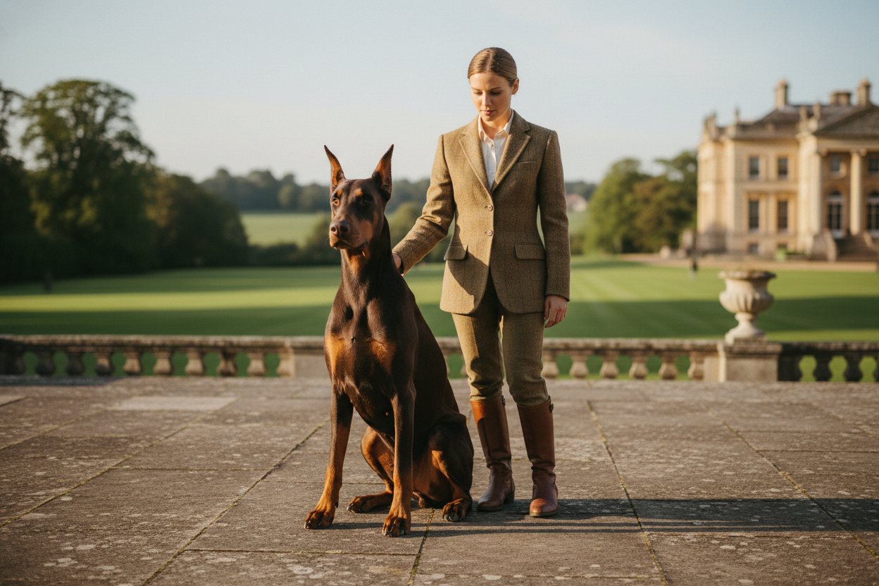 A composed, well-trained protection dog standing alert beside its handler.