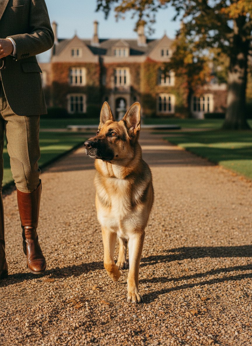 A focused German Shepherd heeling calmly beside its handler.